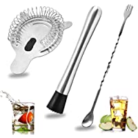 Senhai Acero Inoxidable Cóctel Muddler- Cuchara de Mezcla Espiral Y 4 Dientes Colador de Barra- Casa Bar Barman…